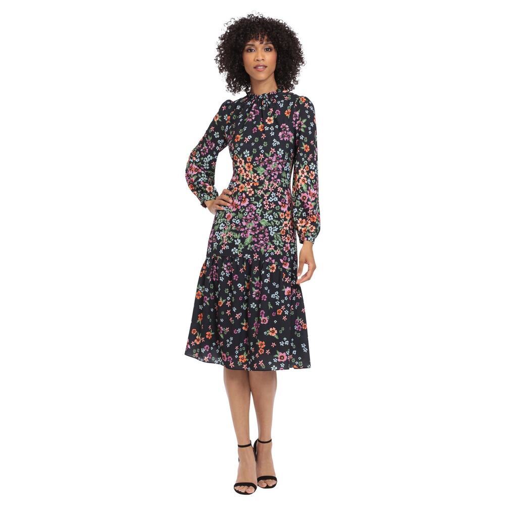 Maggy London Kiri Black Floral Midi Dress Long Sleeve A Line 12 - Picture 7 of 16